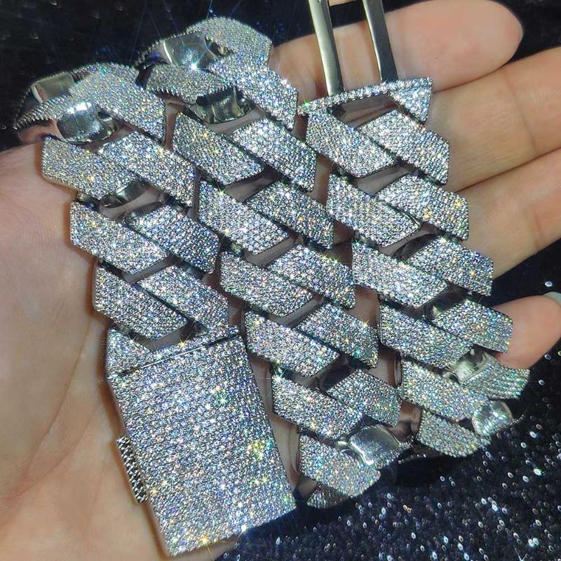 Pass Diamond Test GRA Moissanite 25mm Wide 6Rows  Solid Silver Cuban link chain for Rapper Hip Hop VVS Iced Out Necklace.