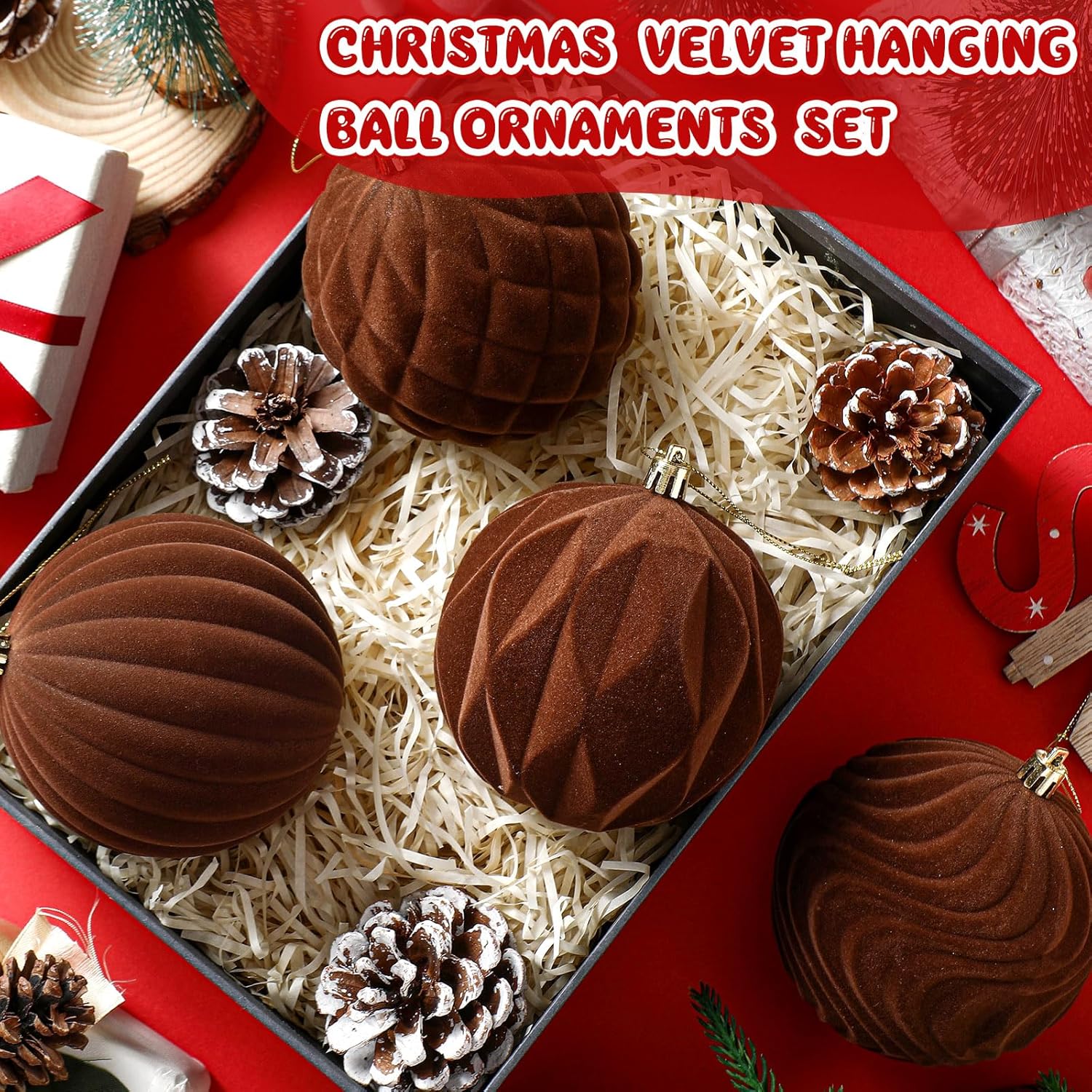 4 Pcs 4 Inch Brown Large Velvet Christmas Ball Ornaments Vintage Christmas Plastic Ball Ornaments Flocked Tree Hanging Decoration for Xmas Party Wedding Home Decor