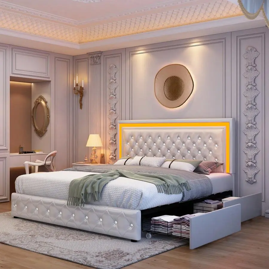 Queen LED Frame With 4 Storage Drawers Adjustable Headboard With Smart Control RGBW LED,-Quiet Design, Upholstered Bed Wood Slats Support, No Box Needed, PU Leather & Velvet