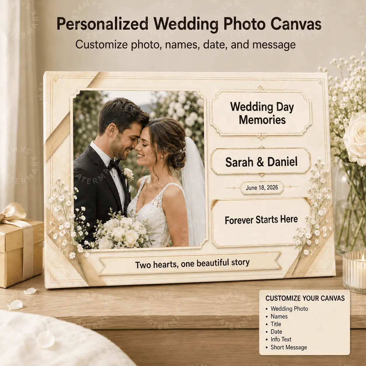 Personalized Wedding Photo Canvas, Custom Couple Photo Names Date Message Wall Art, Ivory Gold Floral Wedding Day Memories Decor, Romantic Gift for Couples, Aesthetic Poster, Living Room Bedroom Office Wall Decor