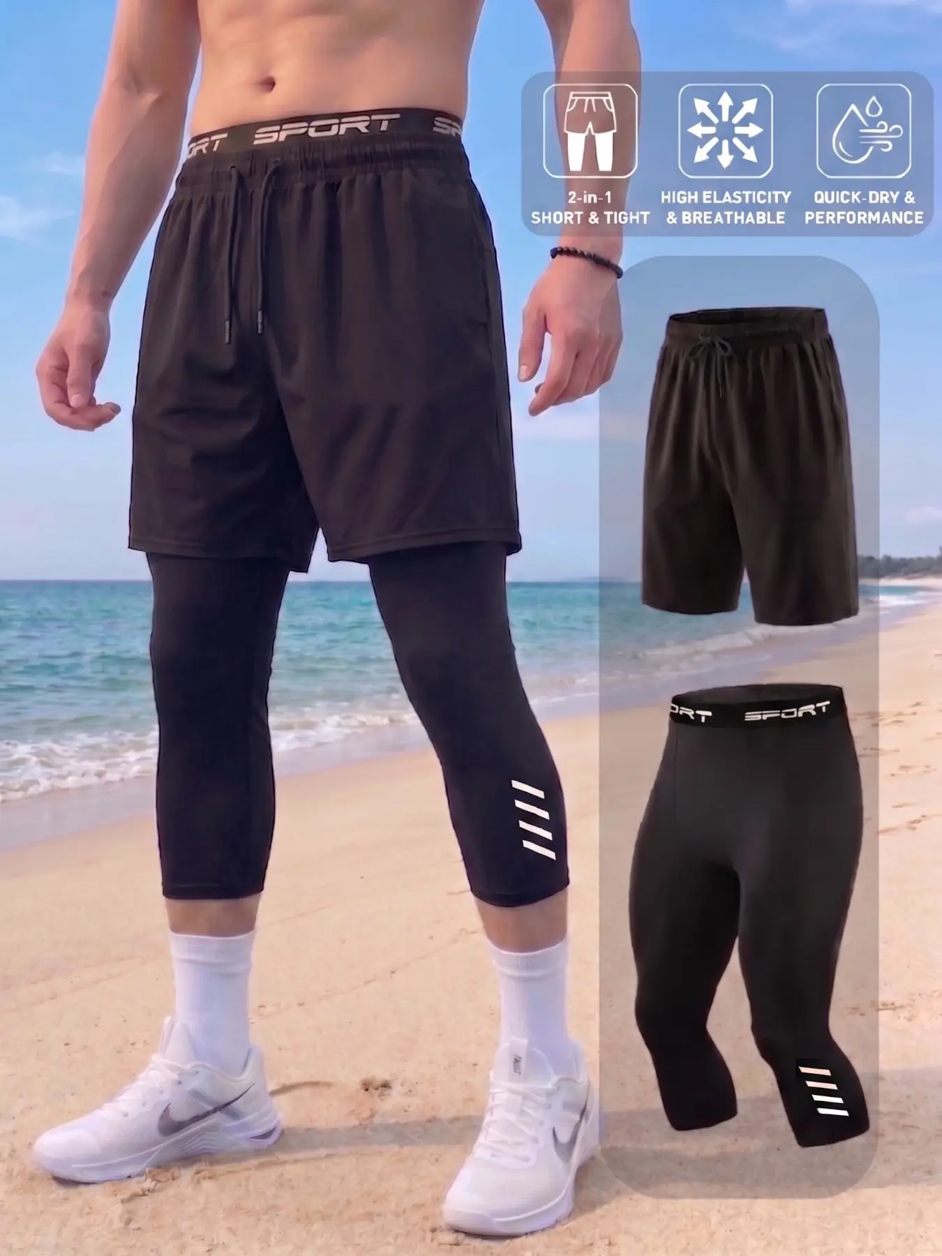 Men's 2-in-1 Sports Shorts with  3/4 Compression Leggings Liner ,Side Pockets and adjustable Drawstring.Breathable Quick-Dry Gym Training Weightlifting Running Jogging Workout Capris.