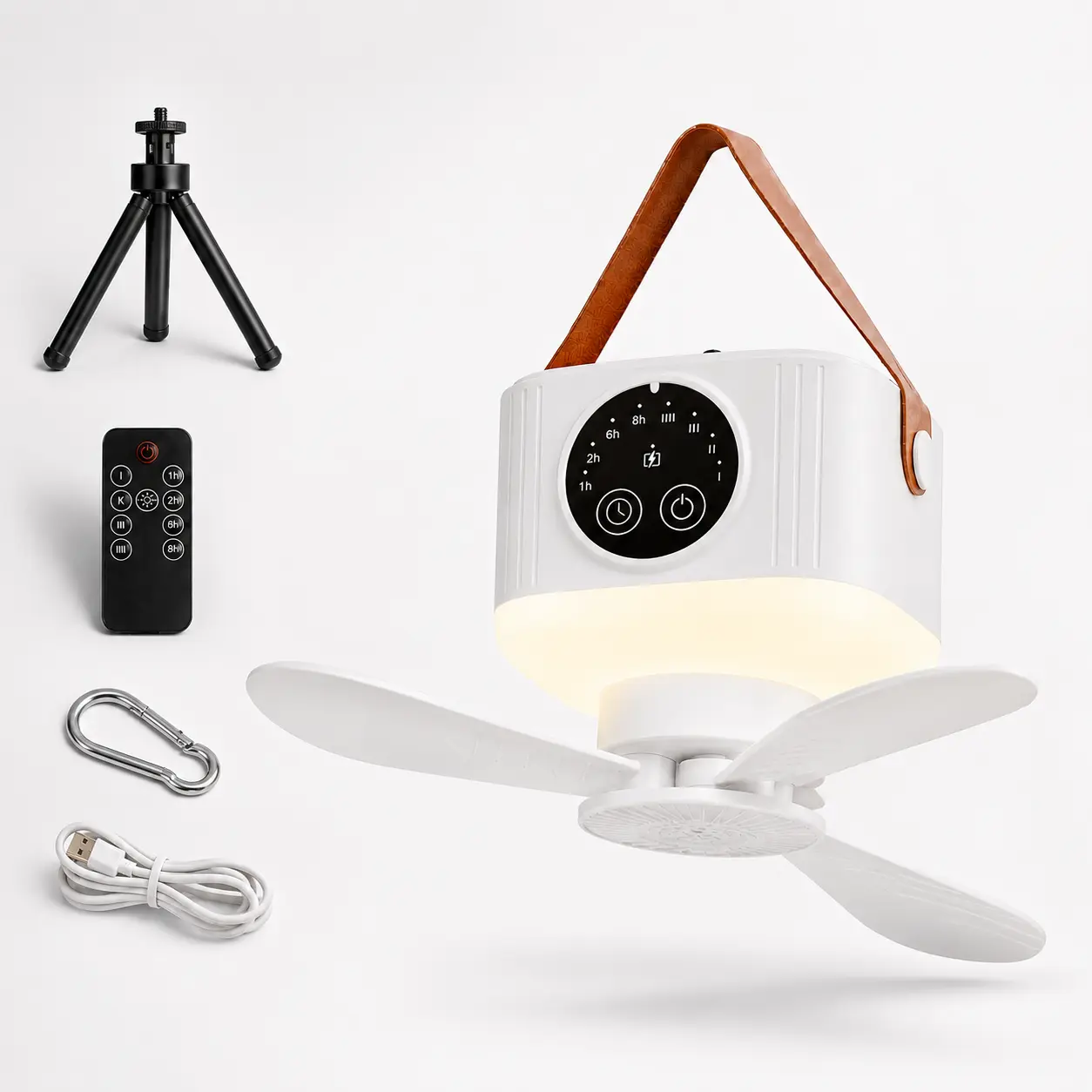 USB Rechargeable Ceiling Fan with Light, Portable Cordless Camping Fan with Timer & Hanging Strap, 3 Foldable Blades Tent Fan for Bedroom, Dorm, Outdoor Travel