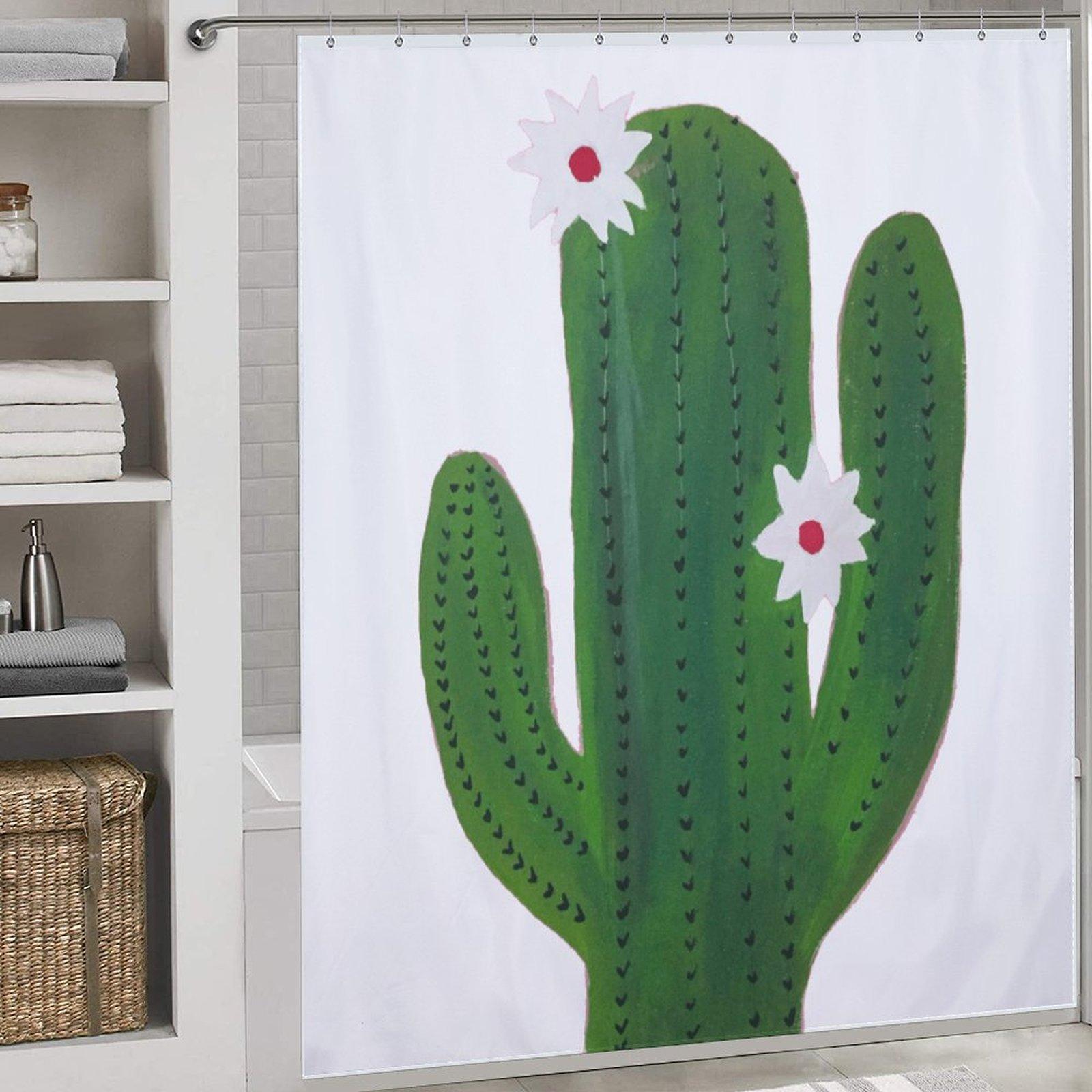 Cactus Flower Shower Curtain, Minimalist Green Cacti Waterproof Bath Curtain, Boho Desert Aesthetic Bathroom Decor, Cute Cactus Bath Accessory with Hooks