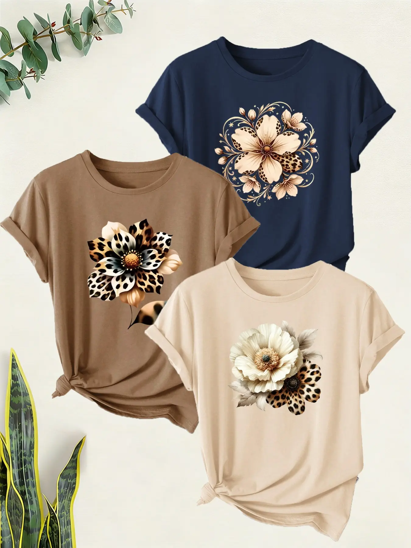 Women's 3-Pack Round Neck Short Sleeve T-Shirts, Leopard Floral Print, Soft Stretch Fabric, Comfortable Fit