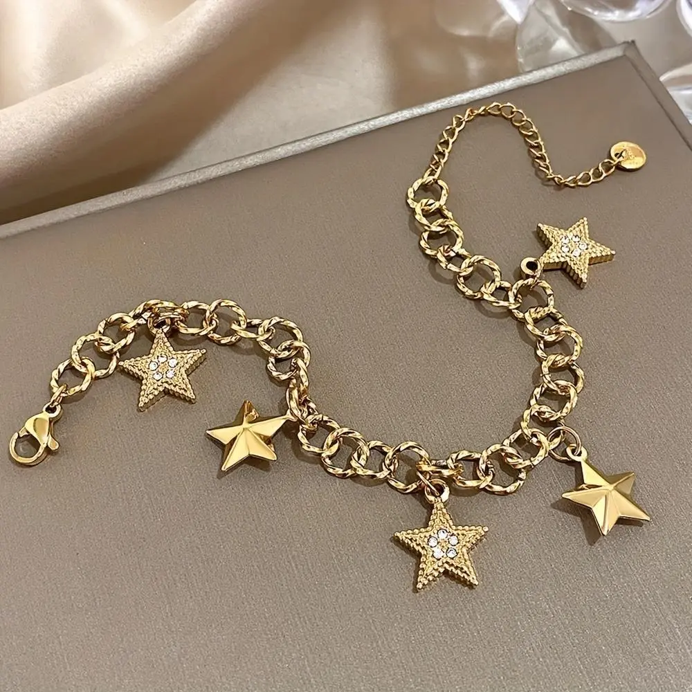 Women's Stylish Gold-Tone Stainless Steel Round Bangle - Inlaid Rhinestones Star Pendant, Metal Coating, Engagement Gift Ideas, Fashion Accessory