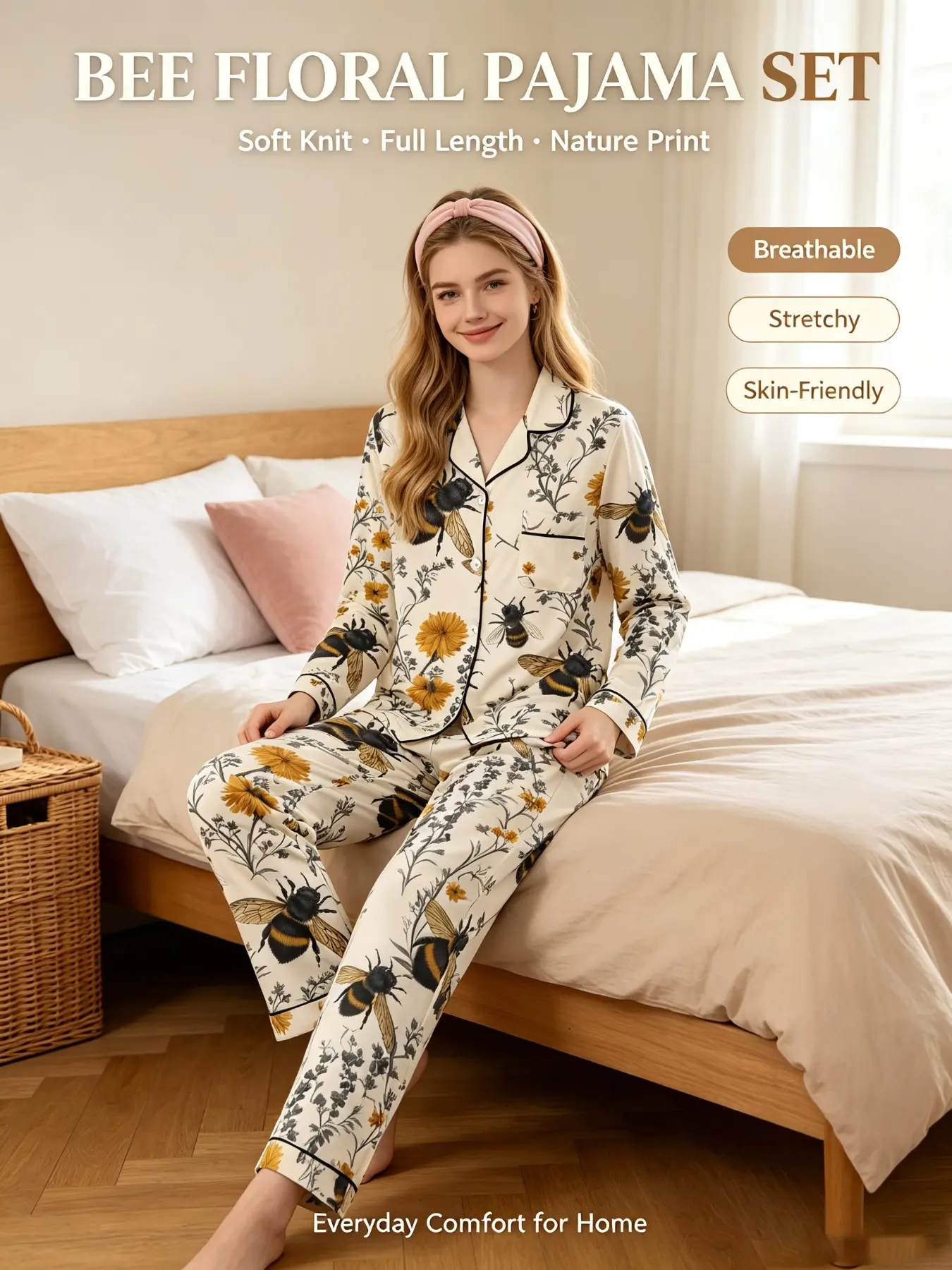 Super Value Two-Piece Sleepwear Women's Sleepwear Loungewear Set Vintage Bee Floral All Over Print Honeybee Botanical Contrast Piping Long Sleeve Button Down Chest Pocket  Soft Comfy Breathable Pajamas Relaxed Fit Nightwear Casual Home Lounge Outfit