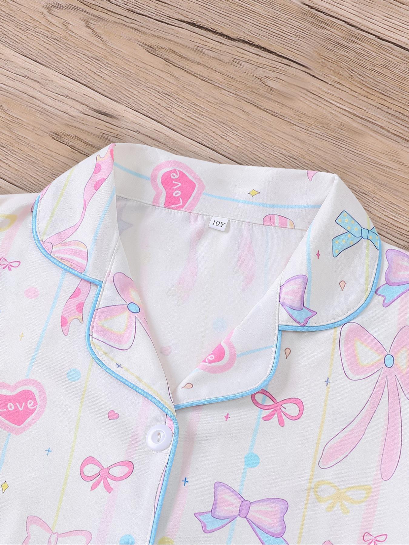 Girl's Bow Print Top & Shorts Pyjama Sets, Cute Casual Comfy Short Sleeve Top & Shorts Set, Kids Sleepwear for Summer, Pajama Set, Pastel Cute Pajamas
