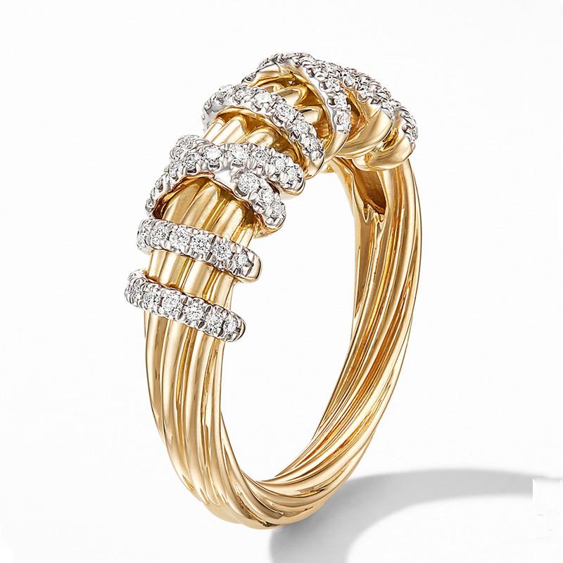 European Style Geometric Line Twisted Ring | Fashion Two-Tone Pave CZ Alloy Jewelry for Women