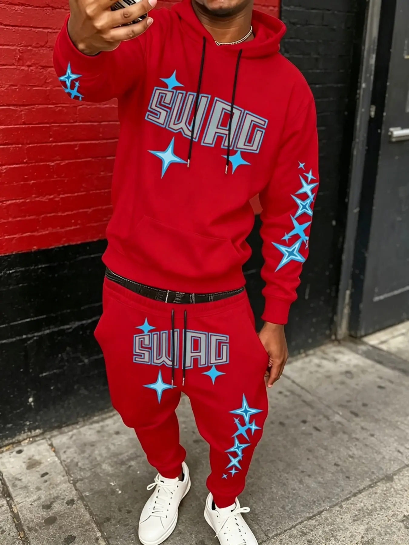 Men's Star Swag Print Casual Streetwear Fall Winter Hoodie Set, Trendy and Artistic, Perfect for Street Fashion Enthusiasts