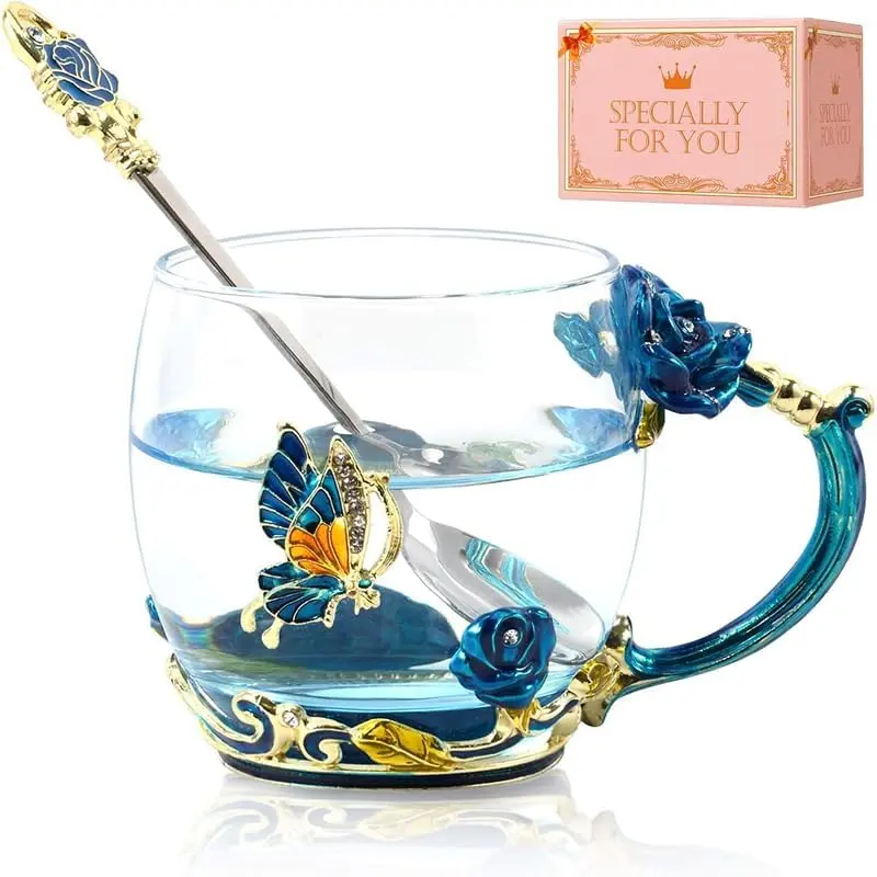 Cup Gifts for Mom Birthday  for Women,Glass Coffee Enamels Mug Butterfly Sky Blue Flower Cup  Valentines Christmas  Day  For Mom Women Wife Sister Coworker Female