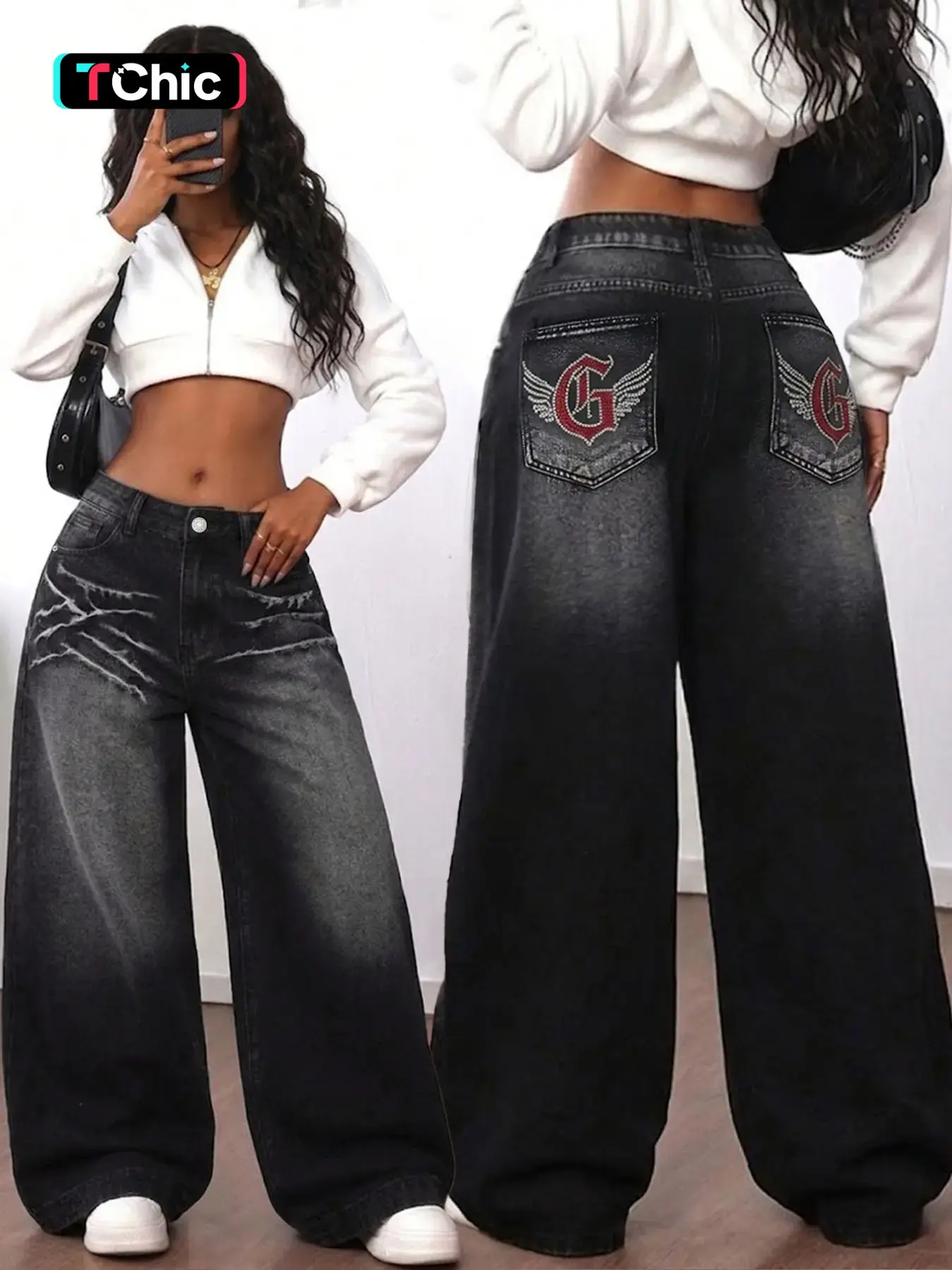 GILIPUR Women's Black Grey Gradient Crack Ice Wash Mid Waist Baggy Loose Wide Leg Jeans, Embroidered Loose Jeans with Rhinestone Wing G Logo Embroidery On Back Pockets, Y2K Grunge Hip Hop Streetwear Daily Club Night Out Outfits for Women TChic