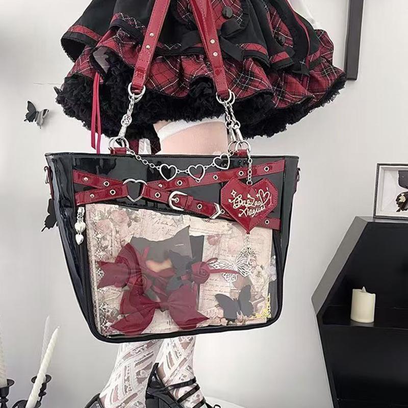 Fashion Y2k Hot Girl Transparent Ita Bag, Diy Display Bag Heart Chain Decor Handbag, Streetwear Large Capacity Crossbody Bag