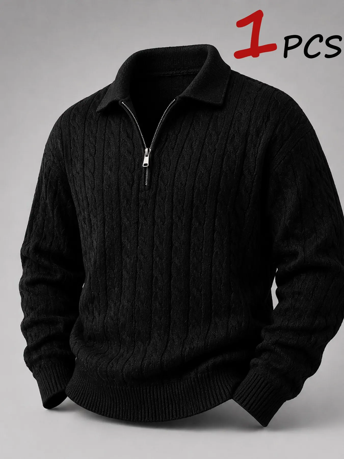 Men's Cable Knit Polo Jumper, Lapel Collar Half Zip Placket, Thick Soft Warm Fabric, Casual Fall Winter Wear, Smart Office Commute