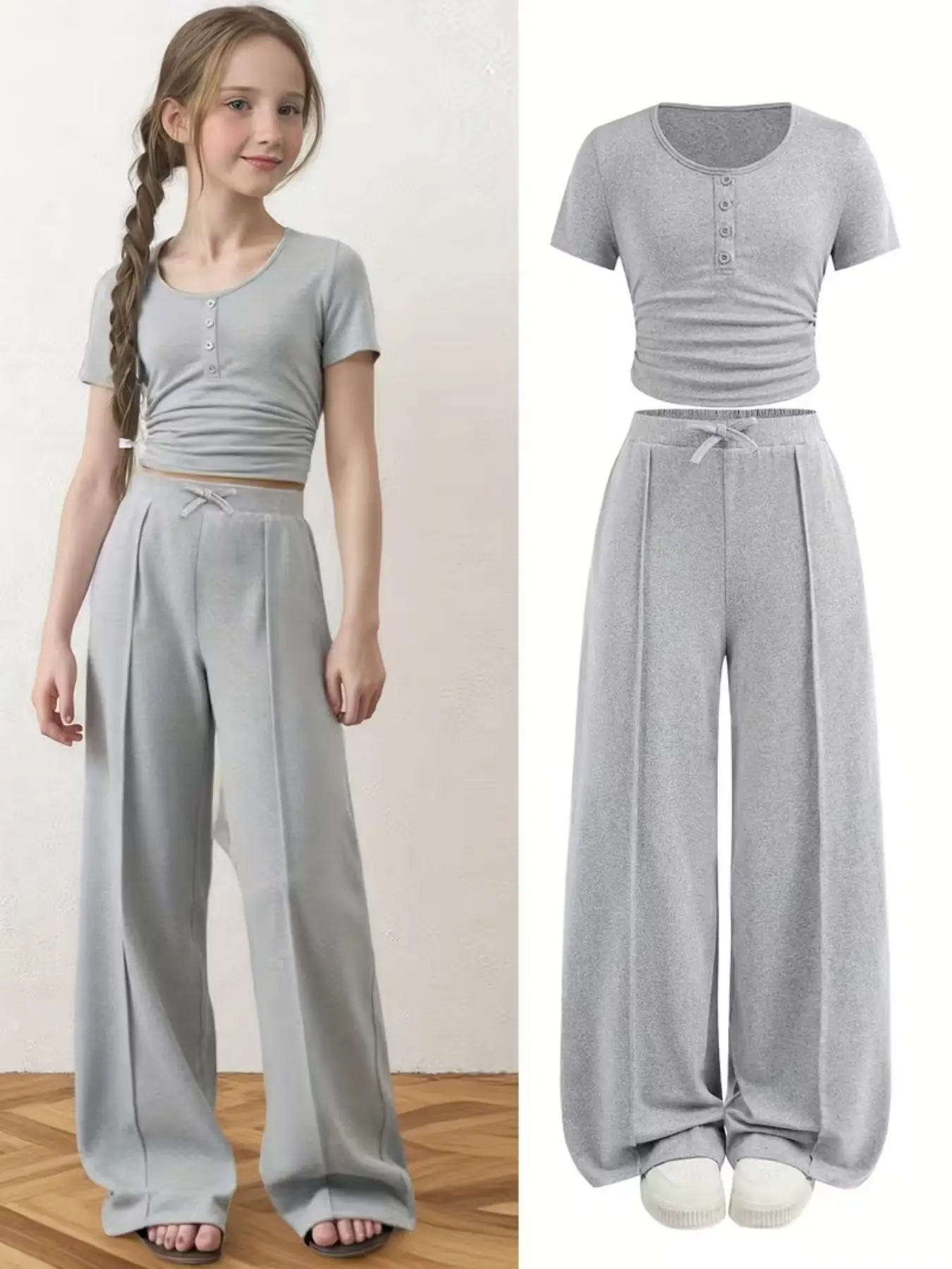 2-Piece Girls, Henley 4 Buttons Ruched Crop Top, Drawstring Adjustable High Waist Pants, Loose-Fitting Casual Set for School & Daily Wear