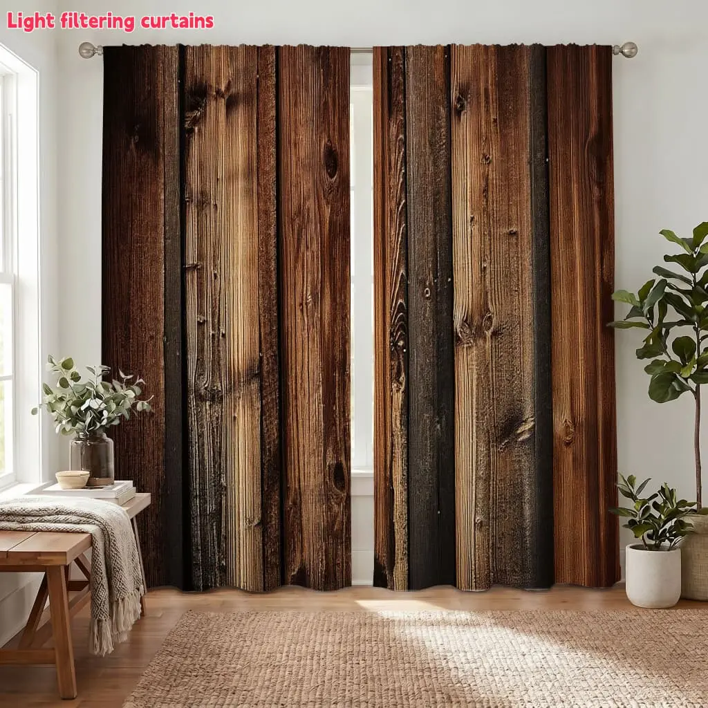 2Pcs Rustic Wood Grain Texture Curtains, Window Curtain Panels, Realistic Dark Brown Vertical Planks Pattern, Light Filtering for Living Room Bedroom Home Decor