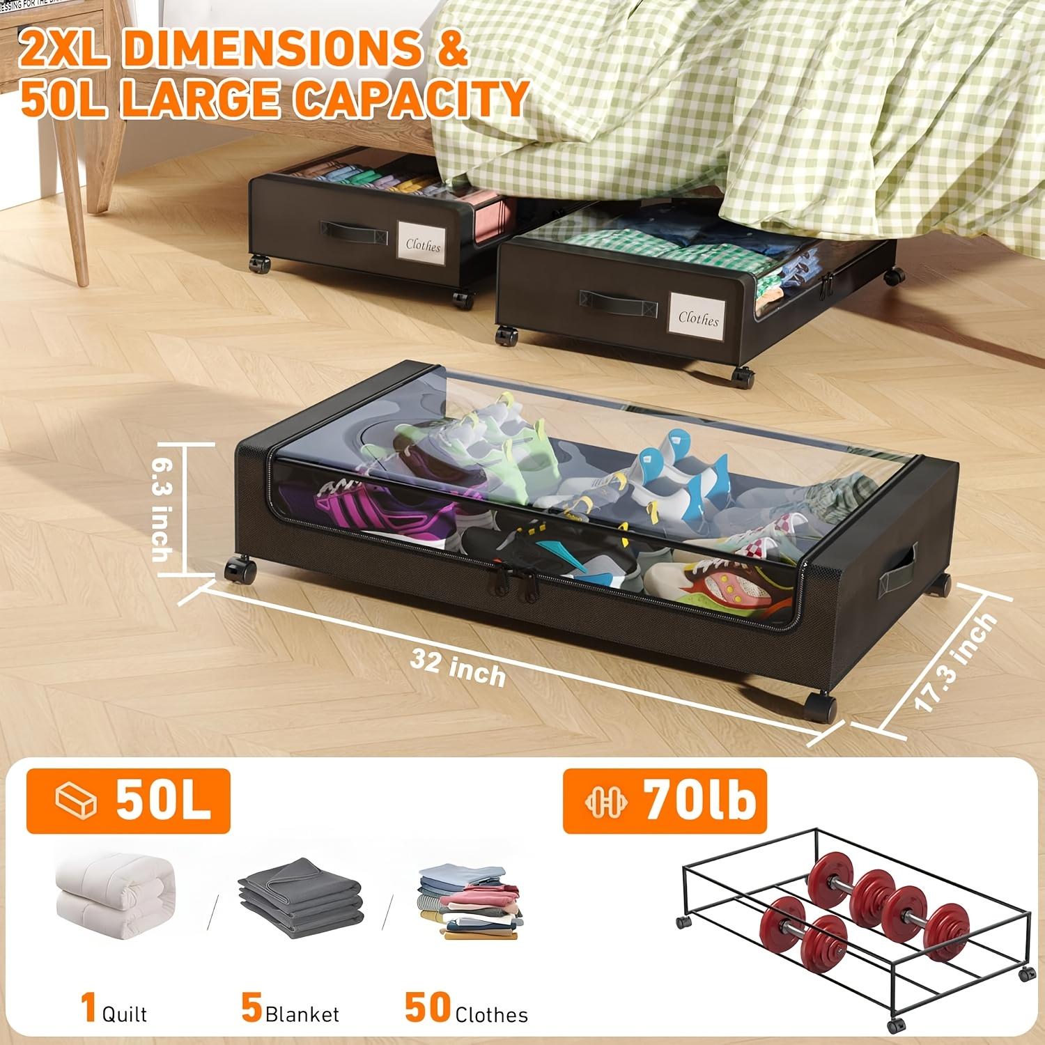 Under-bed Storage Container Set with Wheels, Under-bed Storage Containers with Transparent Lids And Labels, Under-bed Storage Boxes, XXL Large 15.85gal Metal Storage Drawer with Wheels for Clothing, Shoes, Toys, And Books., Under-Bed Storage