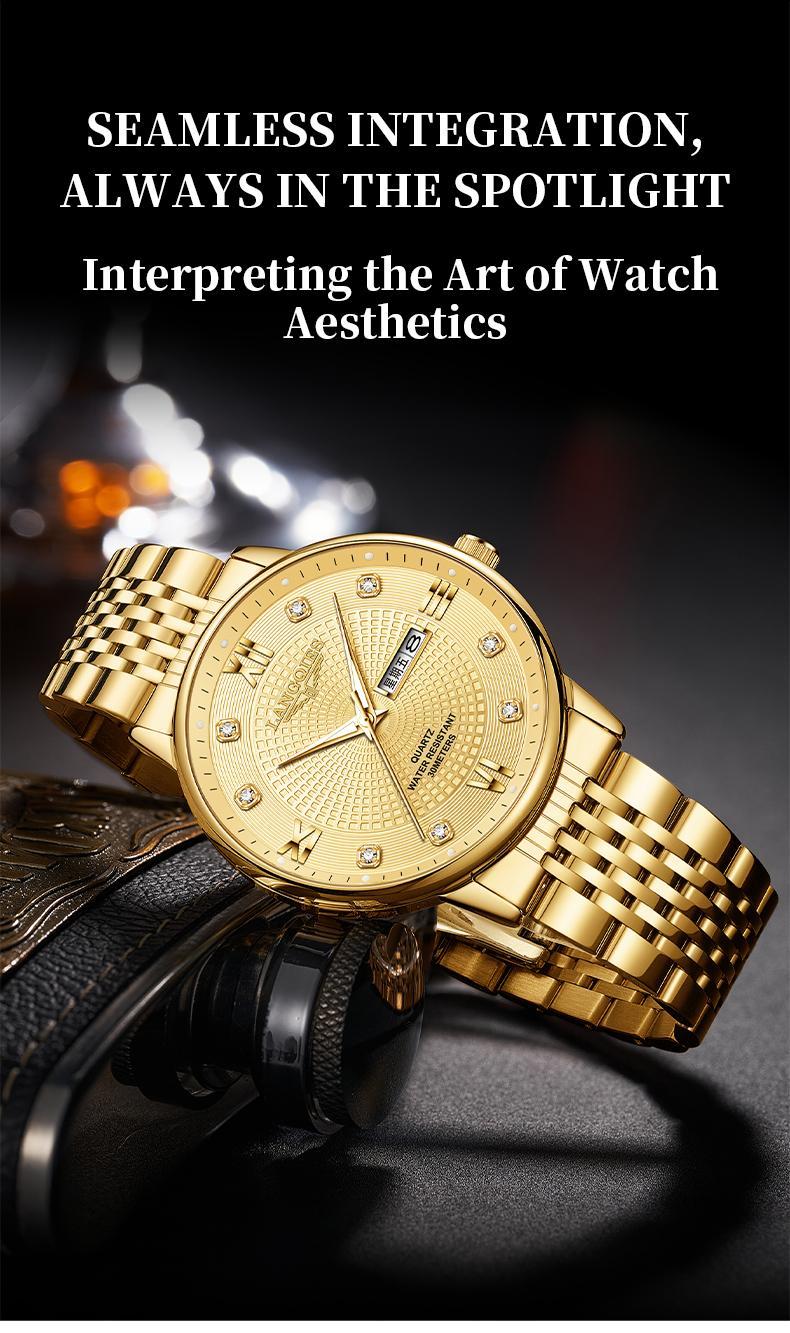 LANGQIES Elegant Multi-Function Men's Watch with Original Swiss Movement, featuring Dual Calendar, 42mm Dial, Sapphire Crystal, Stainless Steel Band, and Luminous Water-Resistant Design.