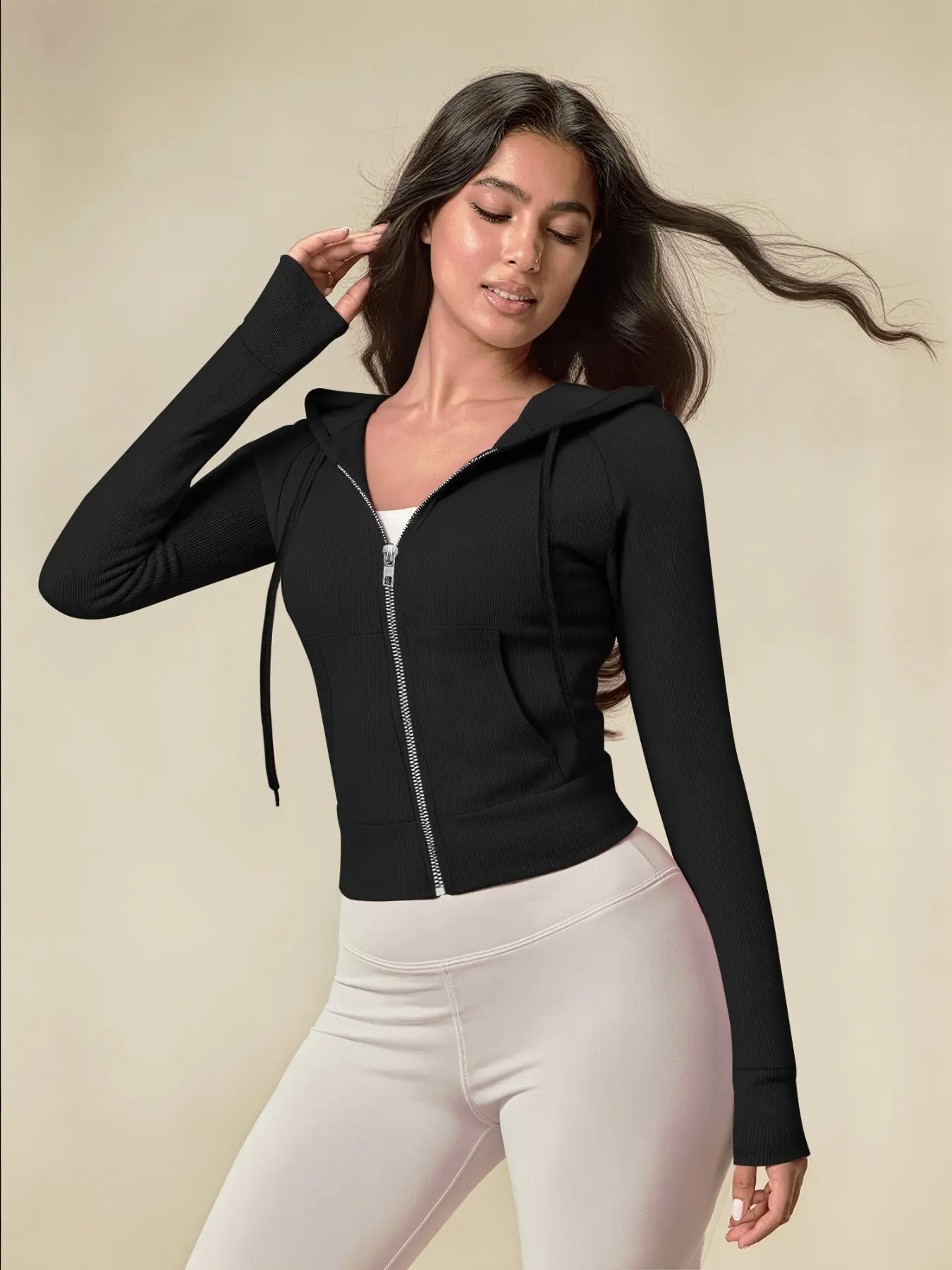 Women's Casual Slim Fit Hooded Jumper, Elastic Waist Long Sleeve Pullover, All-Season Sportswear, Versatile Daily Wear