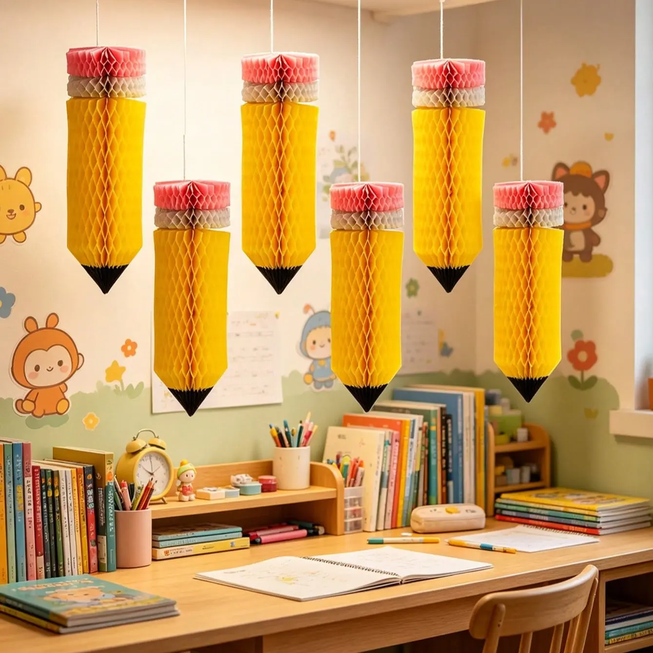 6pcs Back to School Honeycomb Paper Decorations, Hanging Classroom Decor, First Day of School Party Supplies, Teacher Appreciation Decor