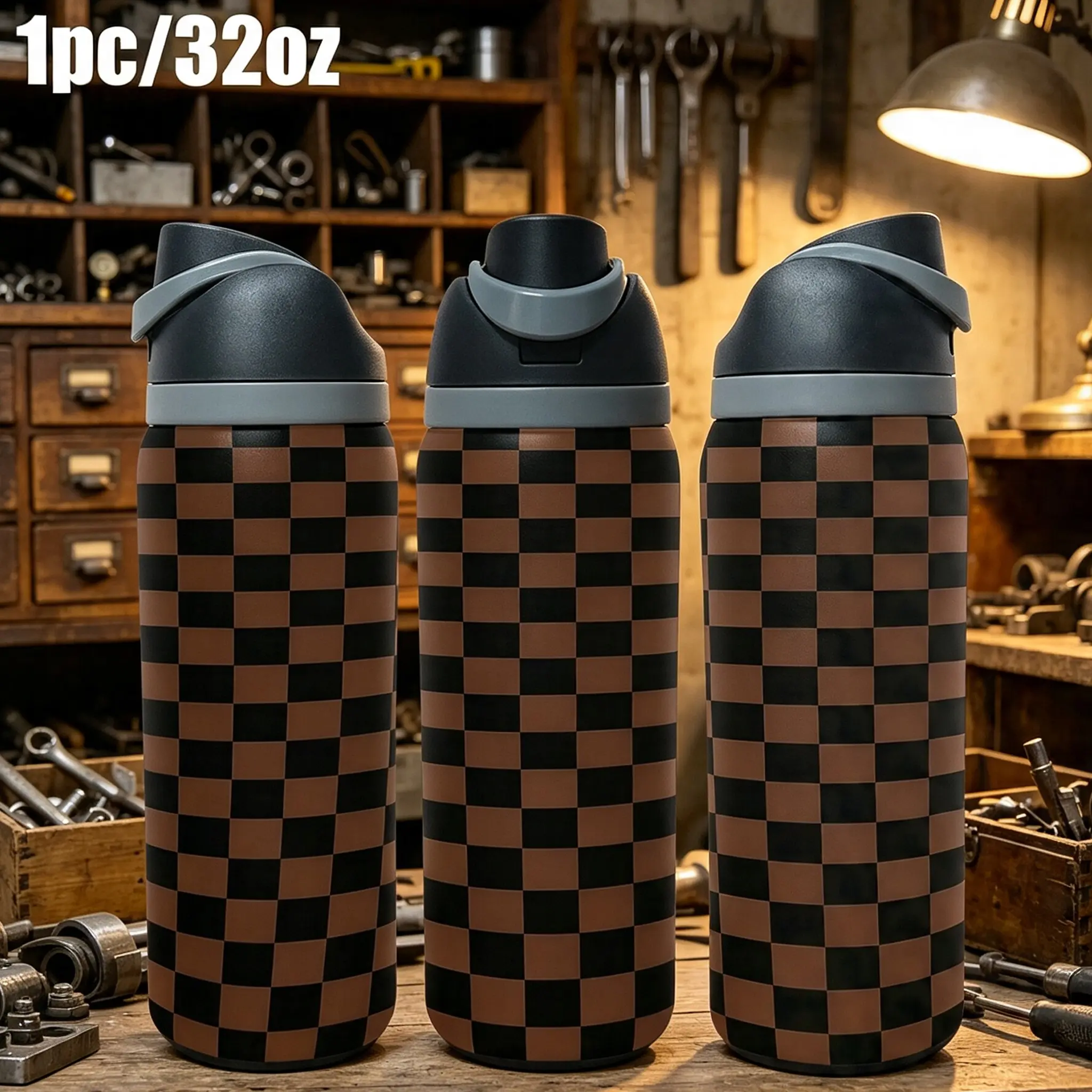 1pc Brown-black checkered vintage 32oz bounce-cap portable insulated drink cup, Leakproof, Back To School Gift for Teen Boys Girls, Retro Earth Tone Insulated Thermal Bottle, outdoor camping car cup