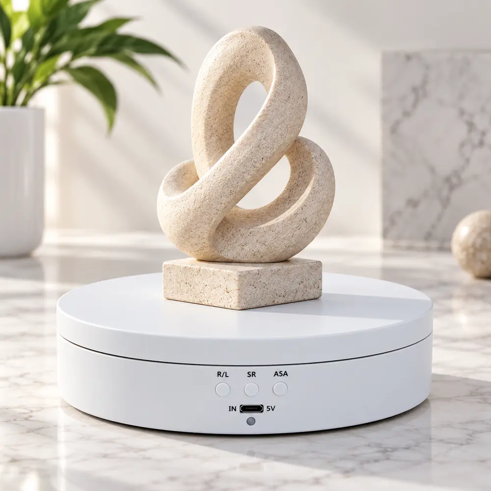 Everyday Motorized Rotating Display Turntable with adjustable 45, 90, 180 and 360 degree display modes, three rotation speeds, 3 kg load capacity, rechargeable 5V USB power, for jewelry, models and product photography, straightforward functional desig