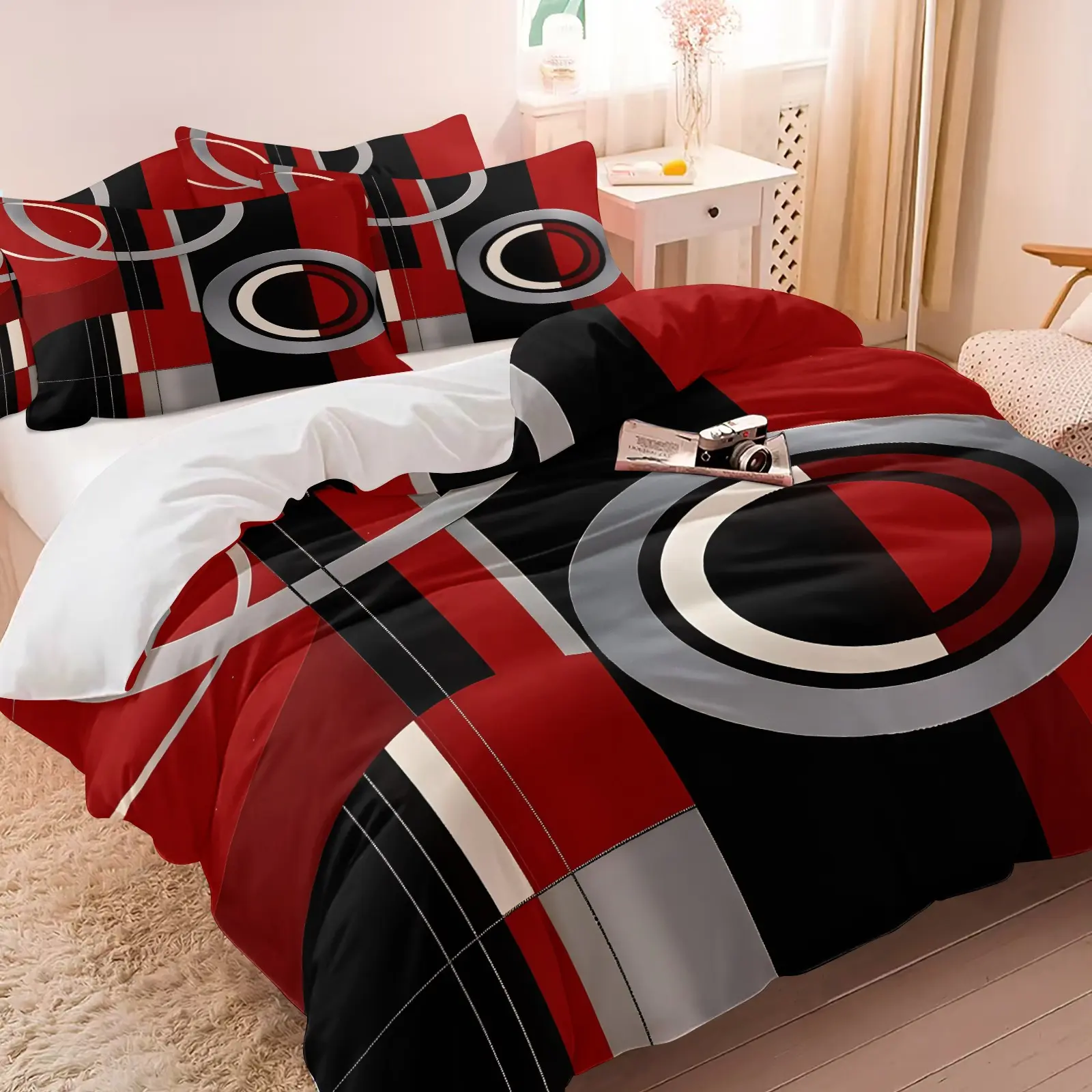2/3Pcs Ultra Soft Red Black Geometric Comforter Set Modern Silver Circle Curve Minimalist Abstract Print Bedding Cozy Bedding Set Sleek Contemporary Lightweight All Season Bed Set For Adult Modern Bedroom