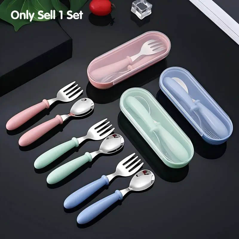 304 Stainless Steel Fork Spoon Set, Safe Round Handle Baby Feeding Cutlery, Travel Practical Use, Gift Set with Box