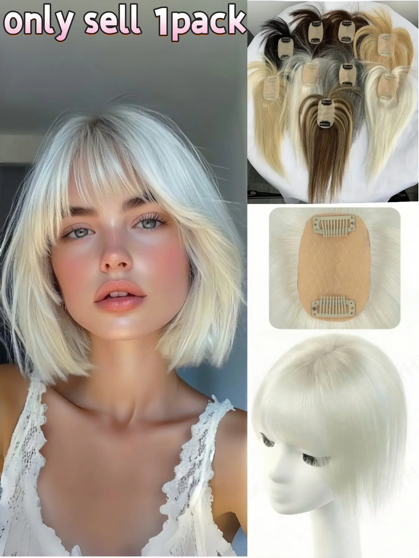 Human Hair Topper with Bang, Breathable 5x9cm Lace Net, 2 Clips, Hides Hair, Natural Fringe, Multi Colors for Women