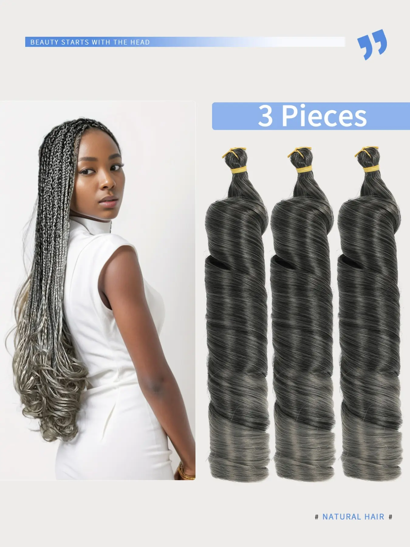 3 Packs French Curly Braids Hair Extensions Braiding Extensions, 22 Inch Loose Wavy Braided Hair, Black to Grey Ombre Gradient Synthetic Hairpieces for Daily Party Halloween Wedding Music Festival