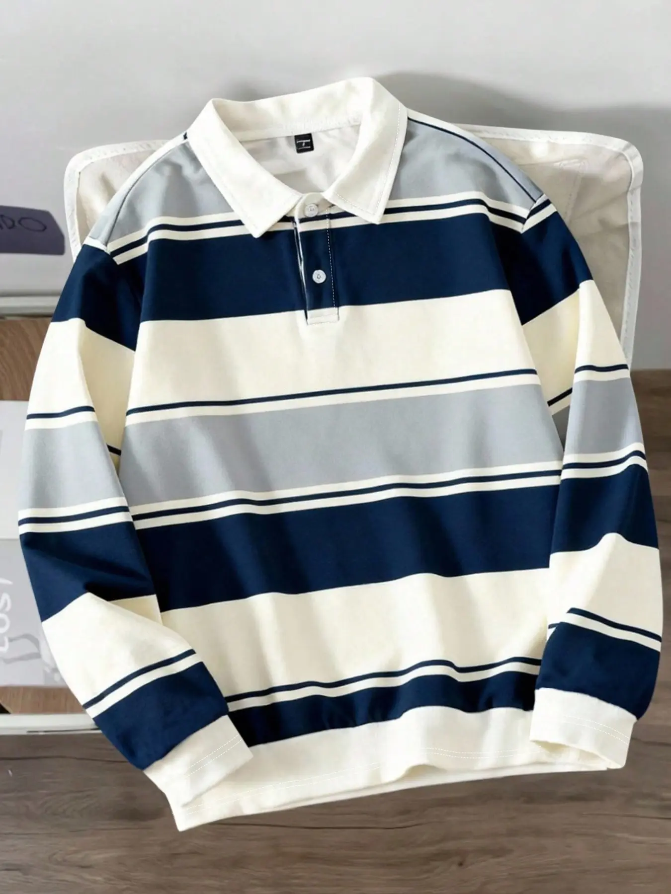 Men's Navy‑Grey‑Off‑White Color Block Striped Rugby Polo Shirt, Lapel Half‑Button Long Sleeve Loose Fit Top, Vintage Preppy Casual Jersey Tee, 2026 Fashion Streetwear Blouse for Daily Wear, Campus, Hangout, Urban Casual Fashion Outfits