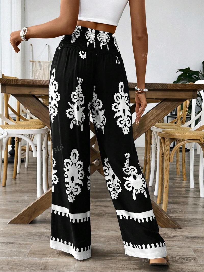 Women's Ethnic Pattern Shirred Tie Front Wide Leg Pants, Boho Style Comfy High Waist Trousers for Daily Holiday Vacation Wear, Ladies Casual Chic Bottoms for All Seasons