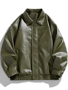 1 PC Men's Letter Embroidered Collar Jacket, a fashionable street style retro classic outdoor sports PU jacket, suitable for daily wear and parties.