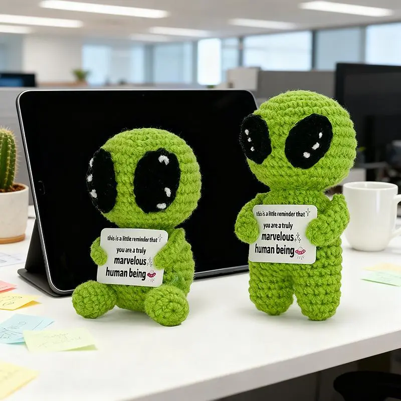 Positive Alien Crochet Plush with Message Affirmation Card Funny Alien Gifts- Appreciation Birthday Gift for Handmade Crochet Emotional Support Aliennspirational College High School Graduation Congrats Grad Decoration Cute Knitted Desk Decor Birthday Gift