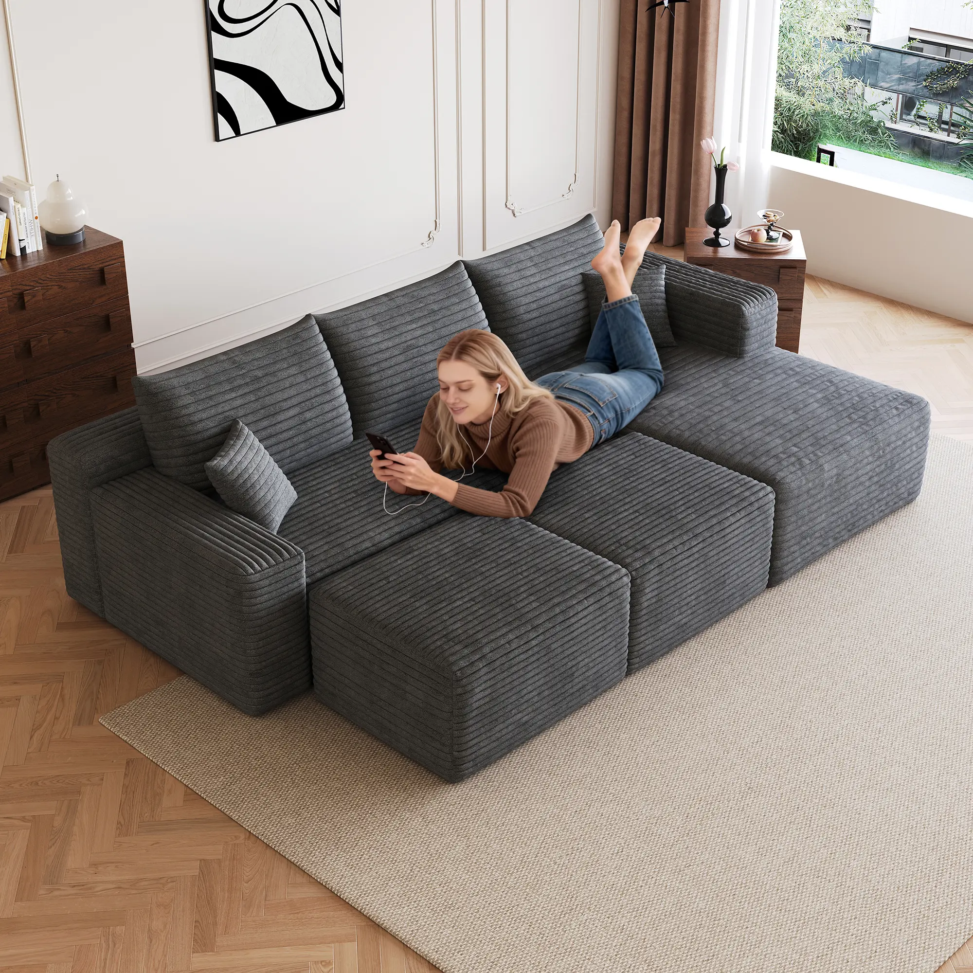 ARCH 95" Cloud Sectional Sofa with 2 Ottomans, U Shaped Couch for Living Room, Deep Seat Corner Sofa, Plush Corduroy Fabric, Dark Grey, 5-Seat, No Assembly Required, Modern Minimalist, DARK GREY Color Options, Fabric Material, 5 Seat Seat Count