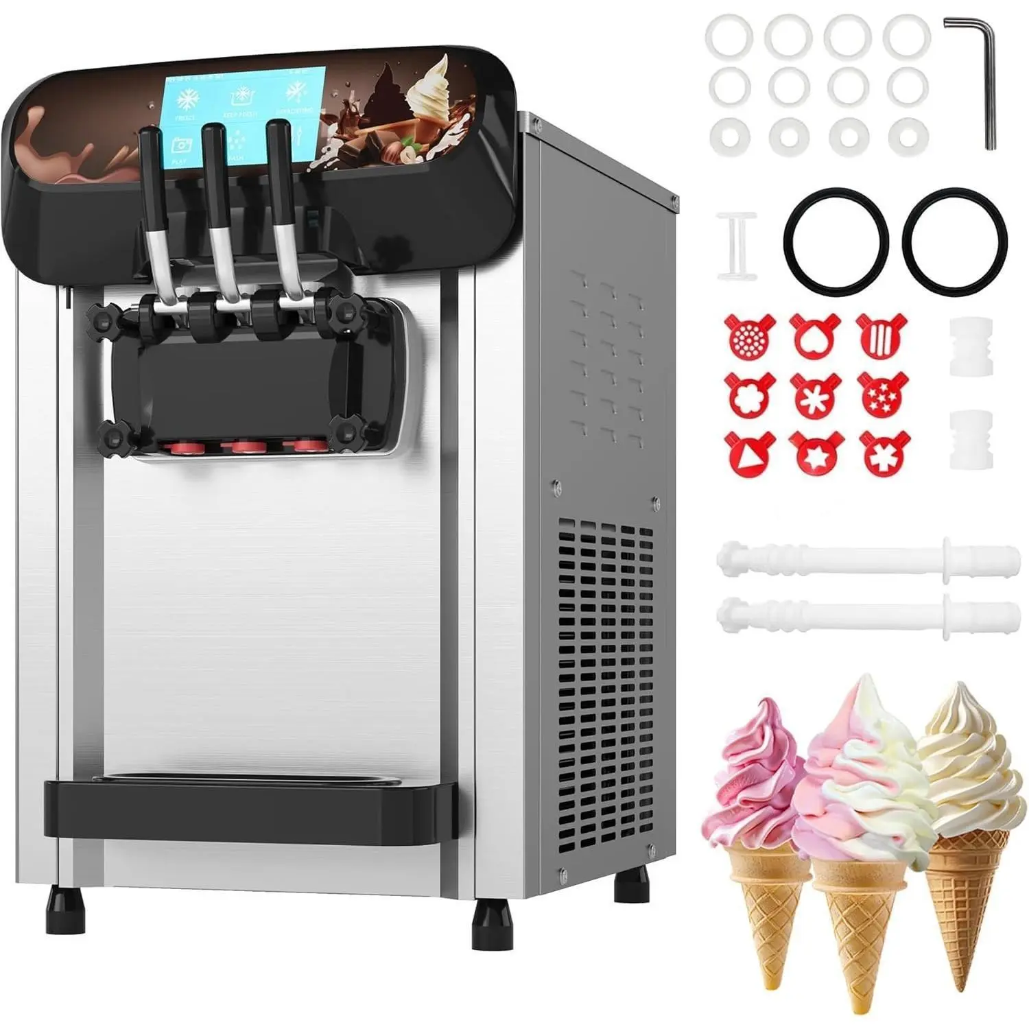 Commercial 3-Flavor Corded Soft Serve Ice Cream Machine, Countertop 2000W Heavy-Duty 304 Stainless Steel Maker with 5-in LED Touchscreen, Dual 6L Hoppers, Multiple Outputs for Food Truck, Restaurant