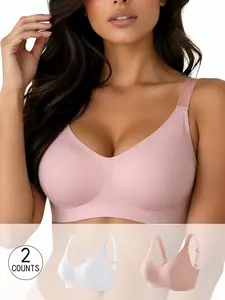 2-pack/6 colors Women's Underwear Seamless Jelly Bra V-Neck Solid Color Bra with Padding and Hook-and-Eye Closure Good Support and Seamless Adjustable Shoulder Straps Sports Bra XS-XL Sizes Suitable for Daily Wear Seamless Bra Underwear