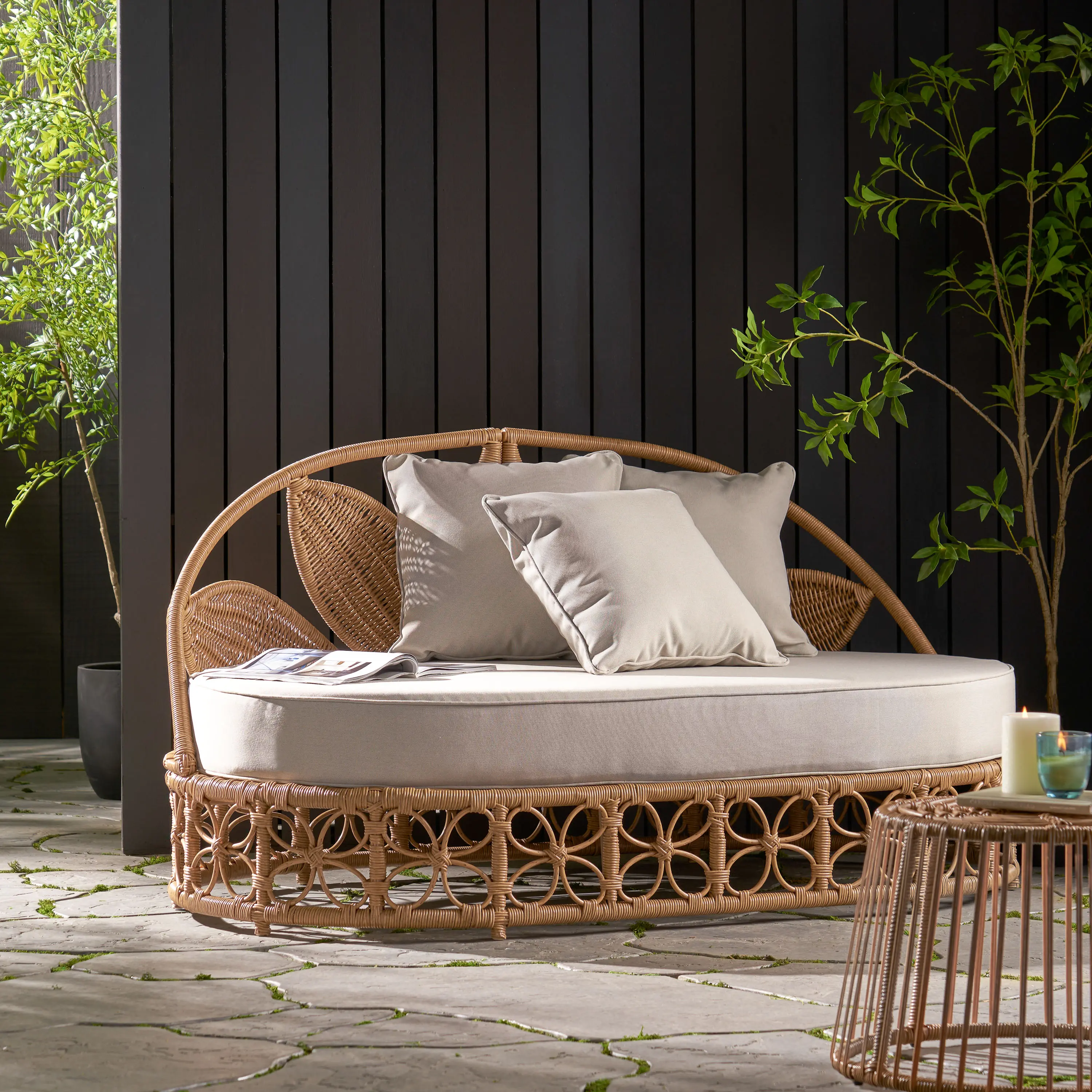 Nokaa 60" Outdoor Wicker Daybed with Cushions, Patio Rattan Lounge Bed with 3 Throw Pillows, Weather-Resistant Boho Daybed for Lawn Garden Backyard Pool, Light Brown Fabric, Multiple Color Options