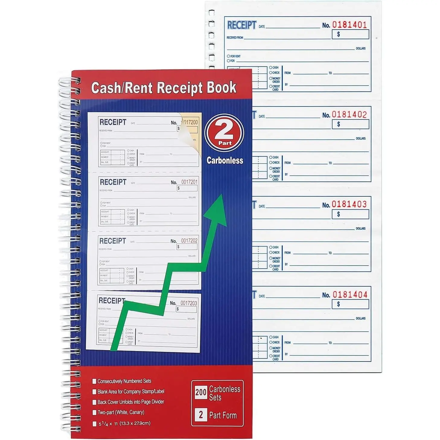 Spiral Bound Cash Receipt Book, 2-Part Carbonless, 200 Sets, 5-1/4" x 11", Numbered White & Canary Copies for Money & Rent Payments and Business Records