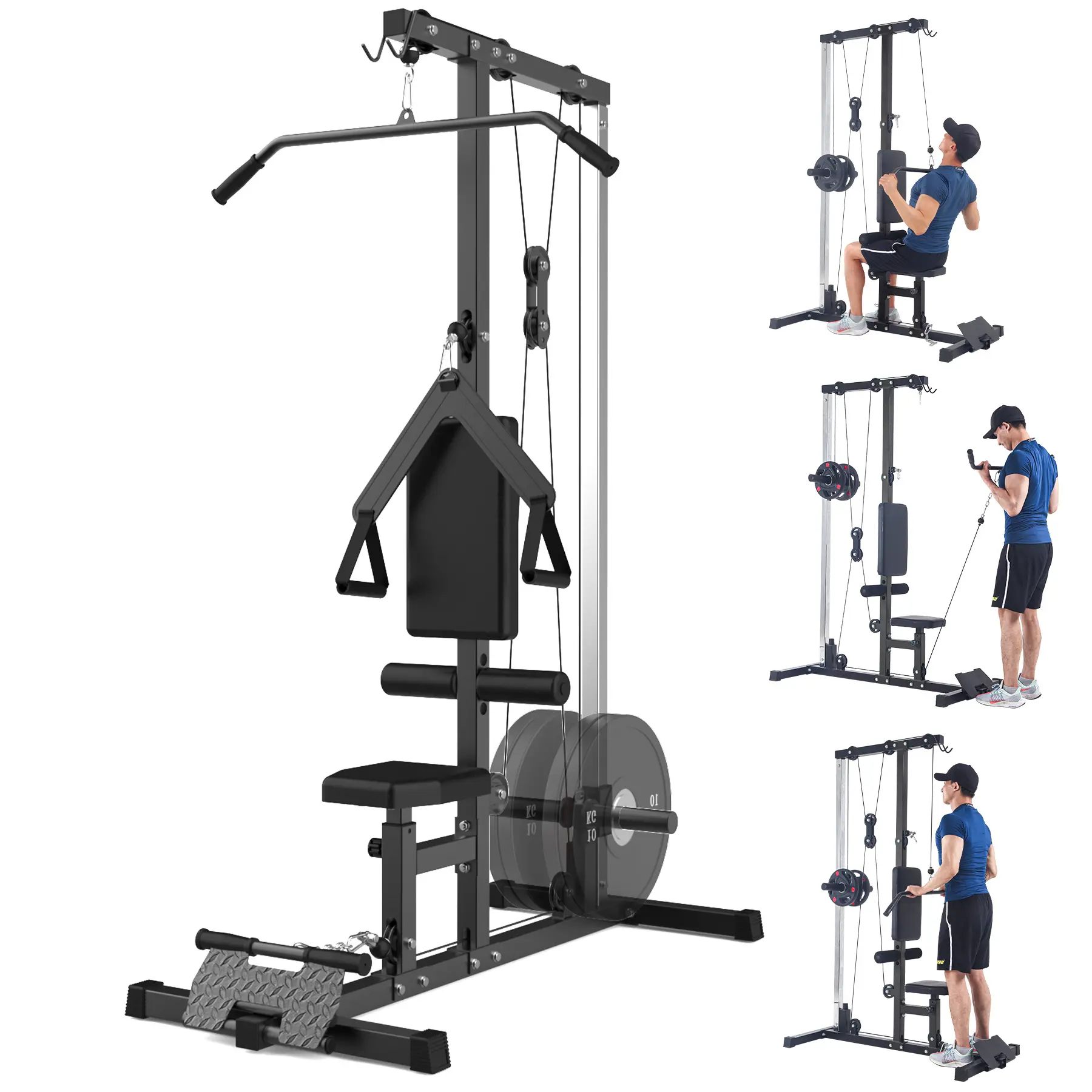 GARVEE LAT Pull Down Cable Machine with High Low Pulley System & Adjustable Leg Stabilizer, Multi-Purpose Home Gym Back Strength Training Equipment, Black