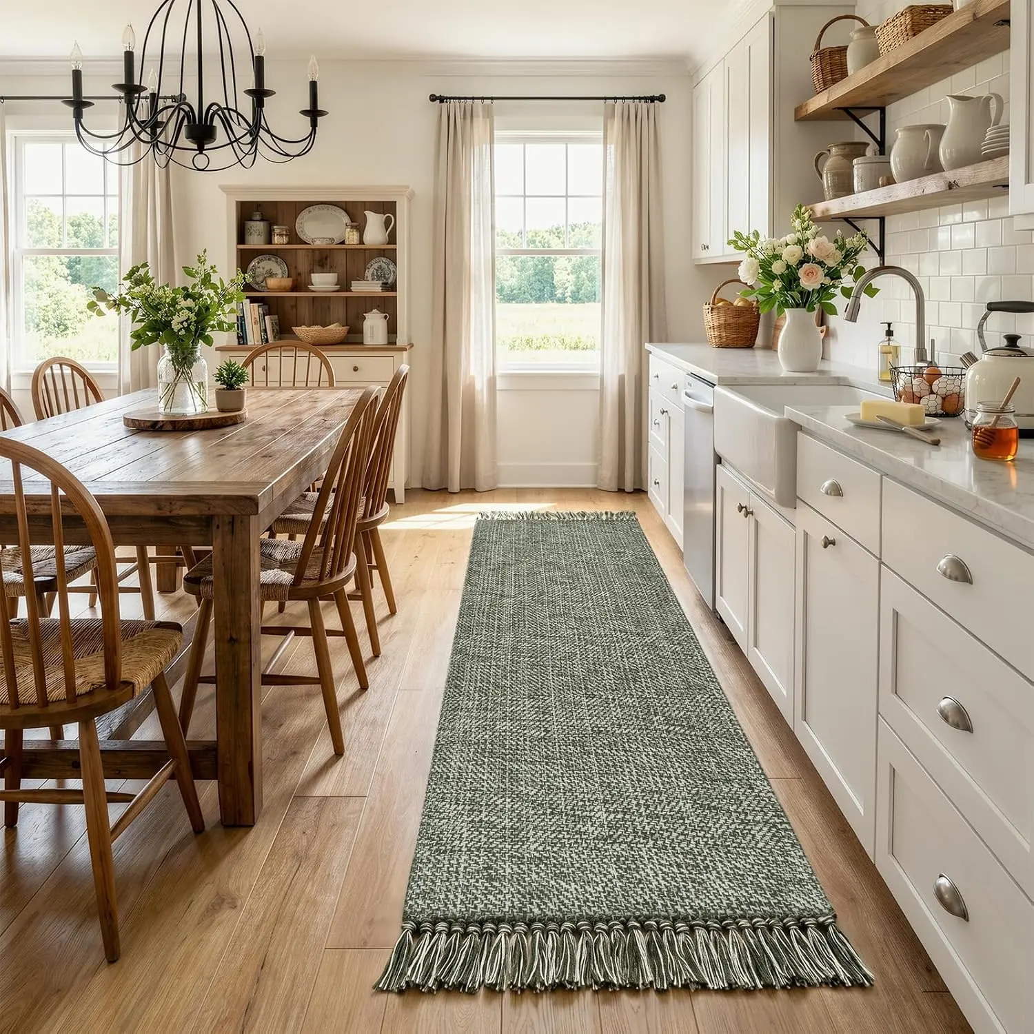 Sage Green Runner Rug, 2' x 8' Farmhouse Washable Runner Rugs, Boho Hand-Woven Entryway Runner Rug Braided Bedroom Carpet for Hallway Laundry Front Door Decor