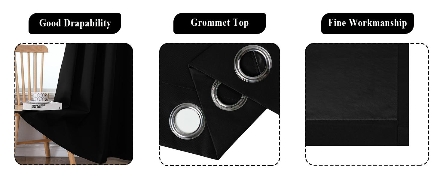 Black 100% Black Out Curtains 90 Inch Long 2 Panels for Bedroom,Thermal Sound and Heat Blocking Curtains for Living Room, Complete Room Darkening Window Drapes,52Wx90L