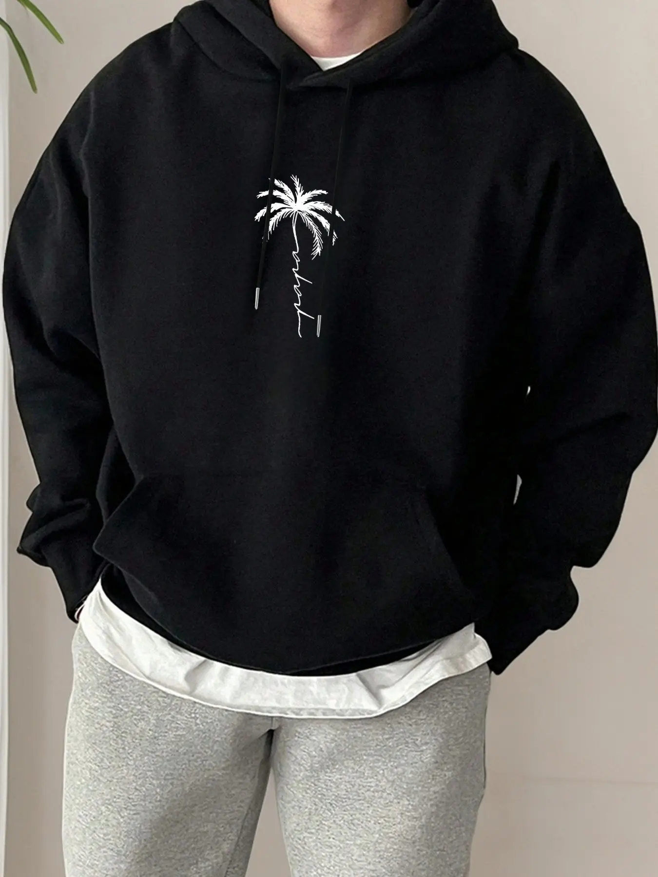 Men's Fall Winter Sweatshirt, Round Neck Hoodie, Coconut Tree Letter Print, Kangaroo Pocket, Drawstring, Long Sleeve, Loose Fit, Casual Style, Graphic Hoodie