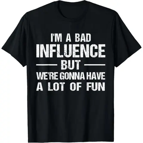 Women's Short-Sleeve Crew Neck Cotton Graphic T-Shirt - "I'm a Bad Influence But We're Gonna Have a Lot of Fun" Humorous Novelty Breathable Casual Streetwear Undershirt, Tops for Women, Lightweight Athletic Digital Print