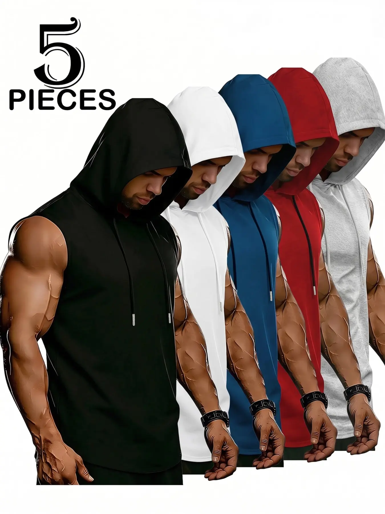 Men's 5 Pack Sleeveless Hooded Tank Tops, Solid Color Pullover Muscle Fit Vests, Casual Gym Workout Streetwear Athletic Tops for Men