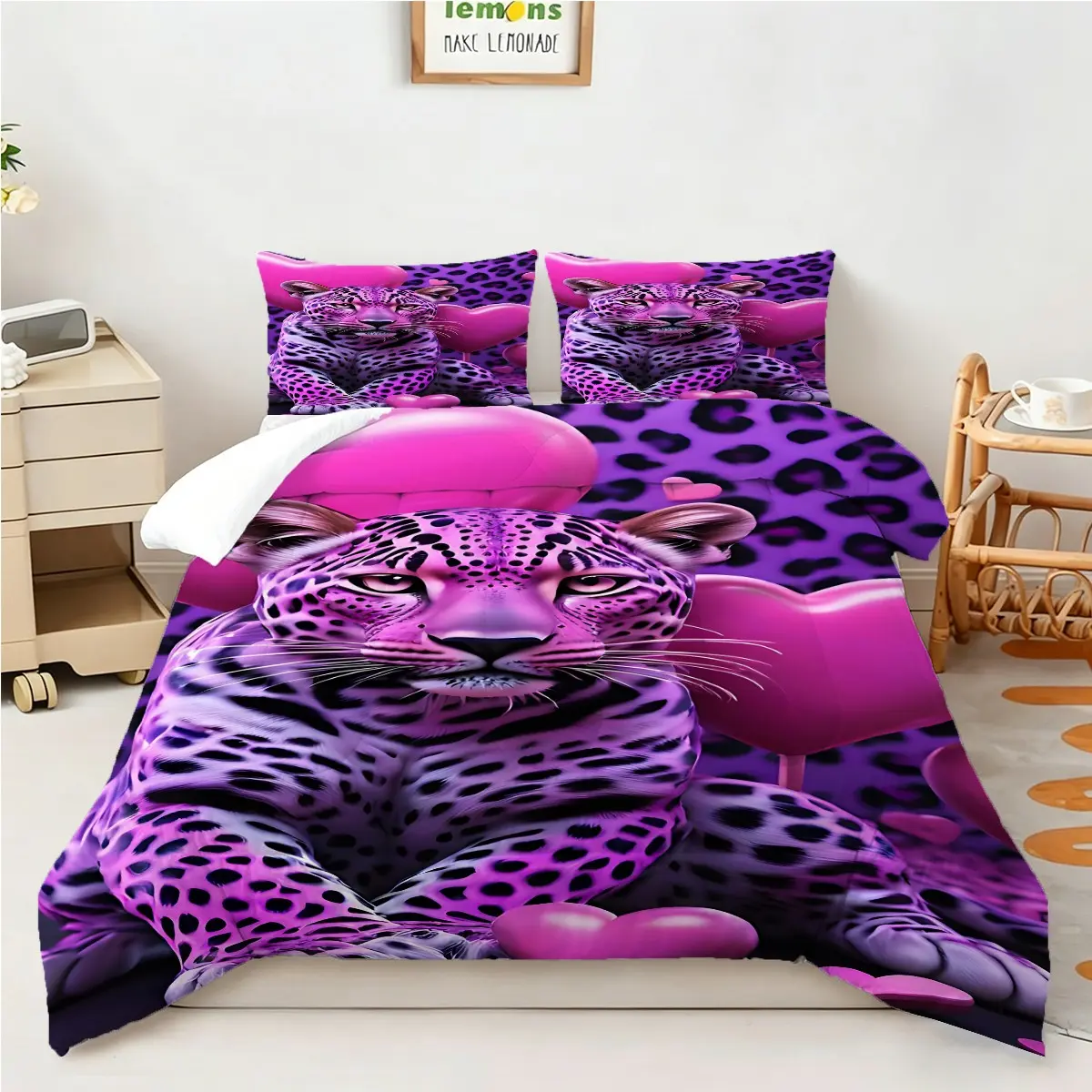 2/3Pcs Purple And Pink Cheetah Print Comforter Set, Printed Bedding Set, Rose Red Heart Leopard Print Bedding Set (1 Quilt, 1/2 Pillowcase, Without Pillow Core), Suitable for Girls' Bedrooms and Dormitories, All Year Round Soft Bedding Sets