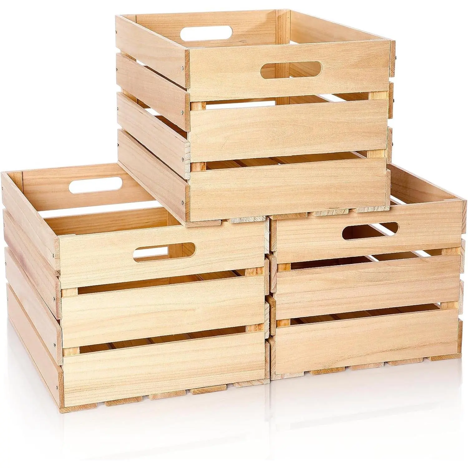 3 Pack Large Wood Crates Box for Storage 16 x 12 x 9.5 Inches Unassembled Wooden Milk Crates with Handle Decorative Nesting Box for Winter Display Rustic DIY Office Home Retail Art Craft (Wood)