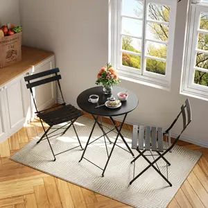 OUTGOODS 3 Piece Bistro Table and Chairs, Wrought Iron Bistro Set, Anti-Rust, Waterproof Folding Cafe Table and Chairs Set of 2, Foldable Small Bistro Set for Small Space/Indoor/Outdoor/Porch/Lawn/Balcony