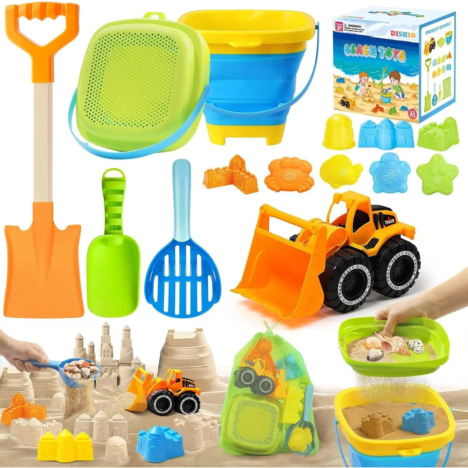 Collapsible Beach Sand Toys for Kids - Sandbox Set with Bucket, Shovel, Sifter, Castle Molds, Mesh Bag - Summer Travel Outdoor Beach Essentials for Toddlers Boys Girls Fun