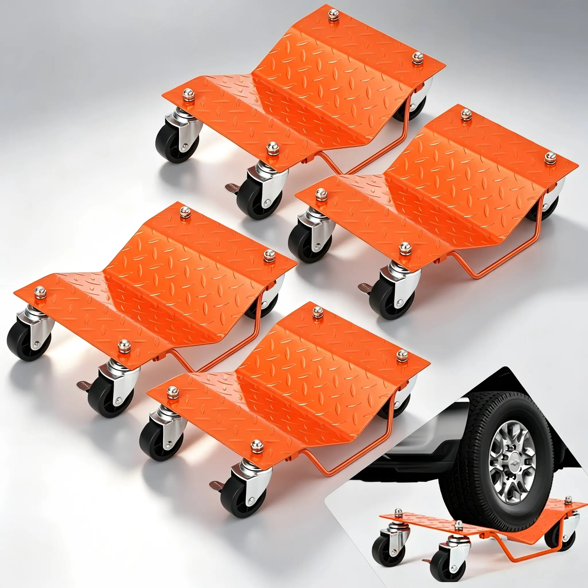 Heavy Duty Steel Car Dollies 4-Pack, 6000 lbs Capacity Vehicle Mover with 360° Lockable Casters, Orange Wheel Dolly Set with Thickened Carrying Handles for Garage & Workshop