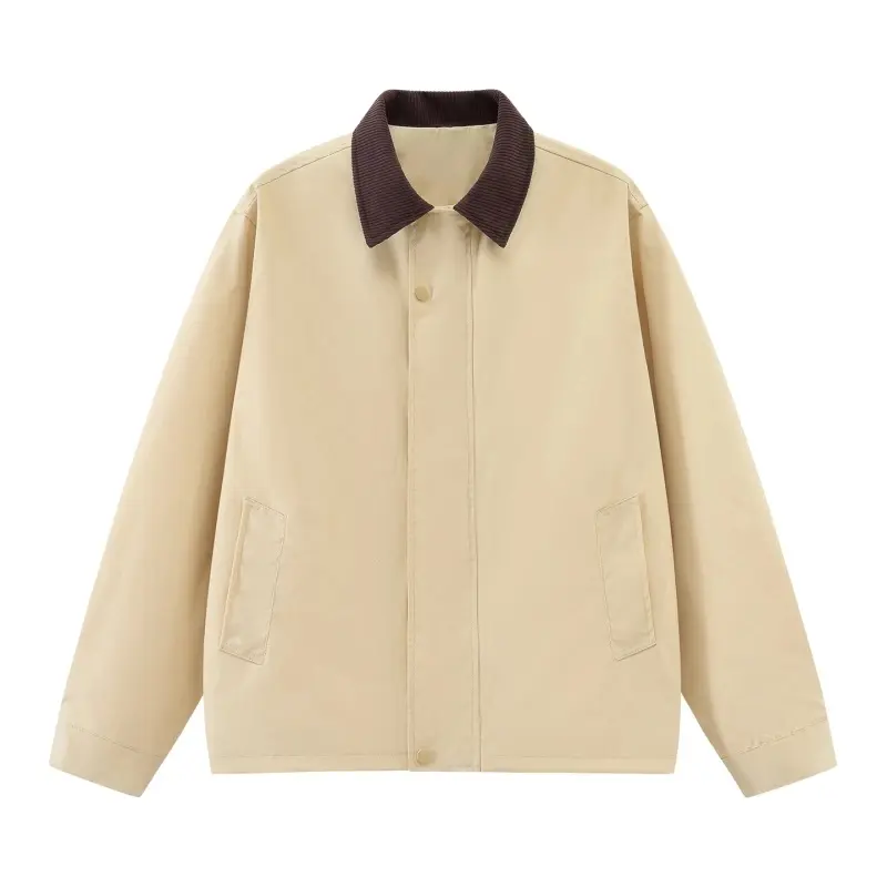 Contrast corduroy collar snap button coach jacket, smooth lightweight outer fabric, side slit hand pockets, loose relaxed cropped fit, vintage casual outerwear for spring autumn daily street outfits